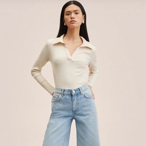 Mango Beige Stripped Cotton Polo Shirt Long Sleeve